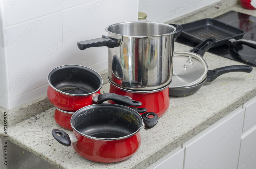 Dirty pan and pots.