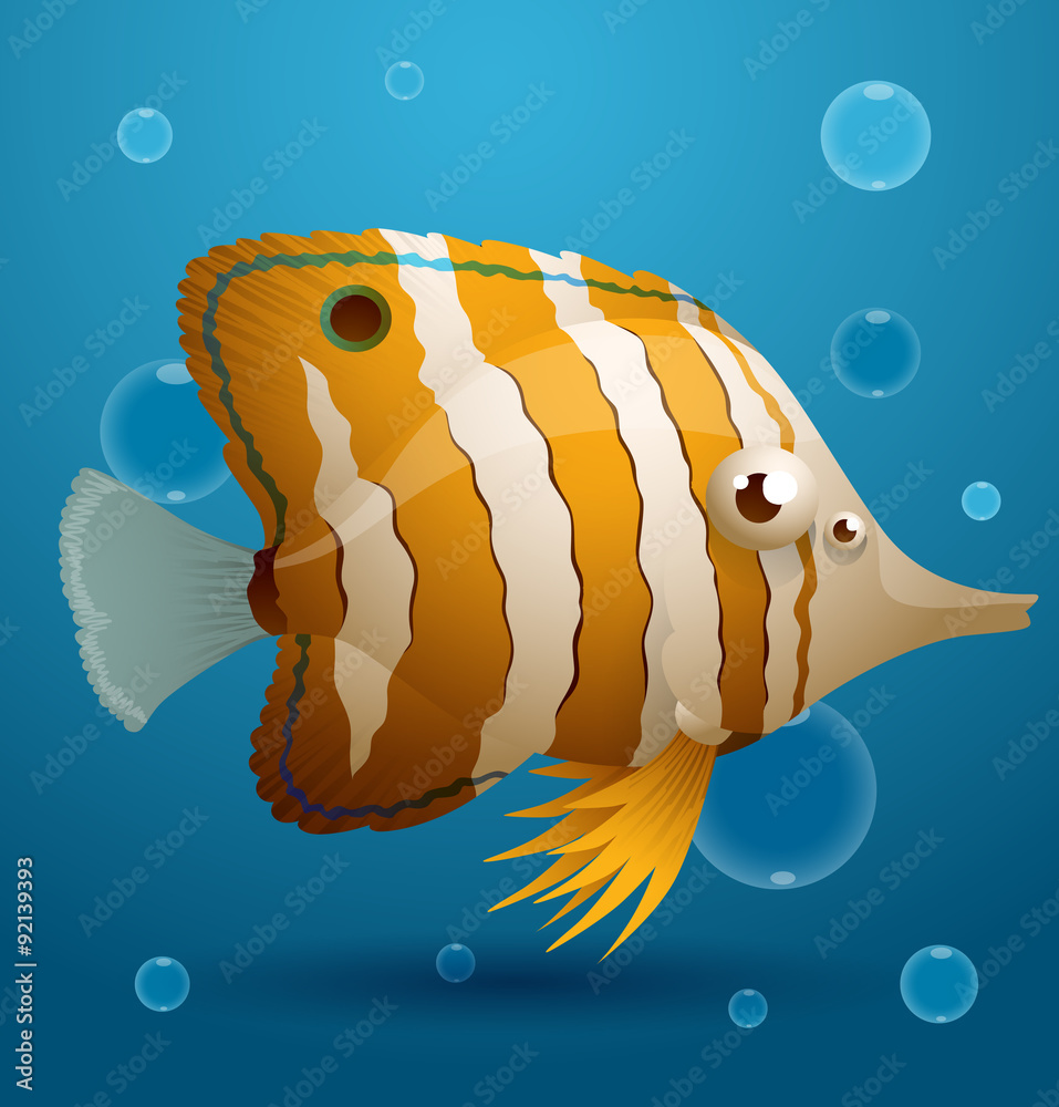Vector yellow white striped cartoon tropical fish. Image of a cartoon  yellow white striped tropical fish on blue sea background. Stock Vector |  Adobe Stock