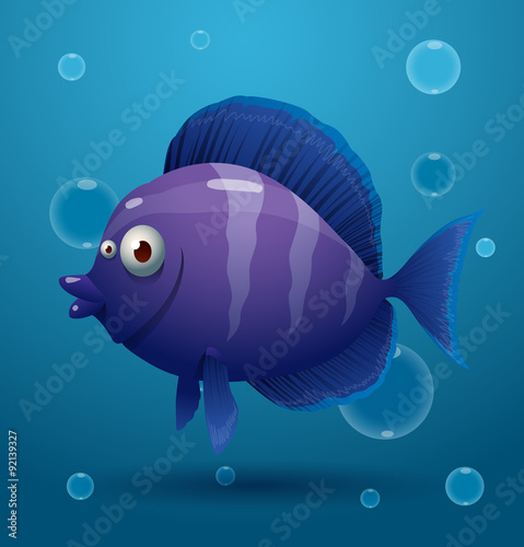 Vector purple cartoon tropical fish. Image of a cartoon purple striped tropical fish on blue sea background.