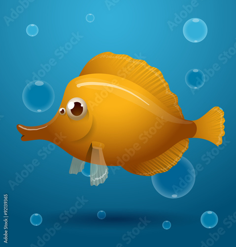 Vector yellow cartoon tropical fish. Image of a cartoon yellow tropical fish on blue sea background.