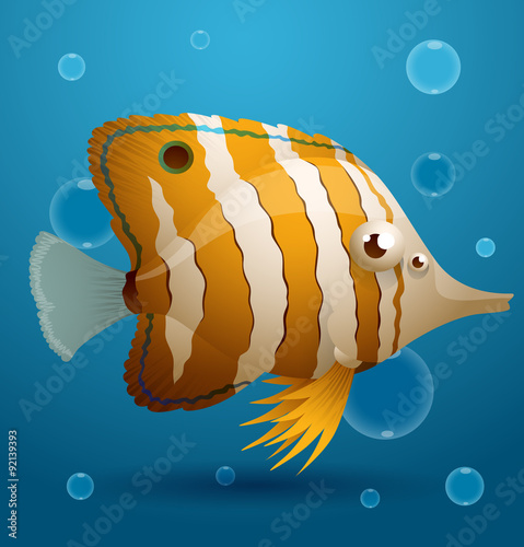 Vector yellow white striped cartoon tropical fish. Image of a cartoon yellow white striped tropical fish on blue sea background.