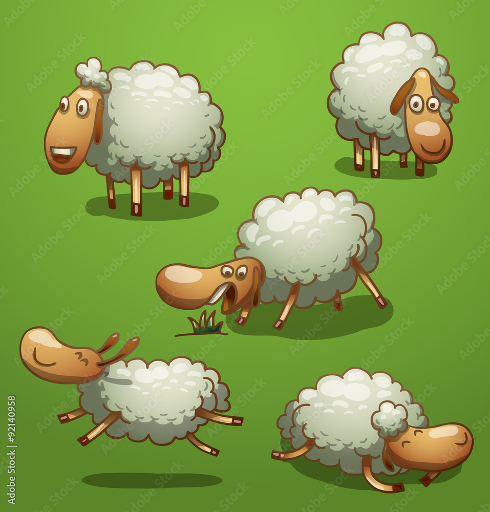 Vector funny sheep set. Image of five funny sheeps of gray color in different poses on a bright green background.