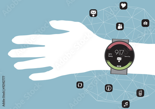 Concept of Smart Watch On a Hand with Mobile App Icons in a Net - Vector Illustration