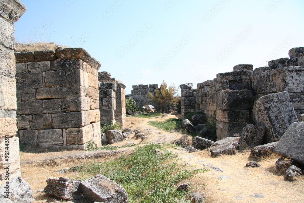 Ancient ruins in Hierapolis, Pamukkale, Turkey. 