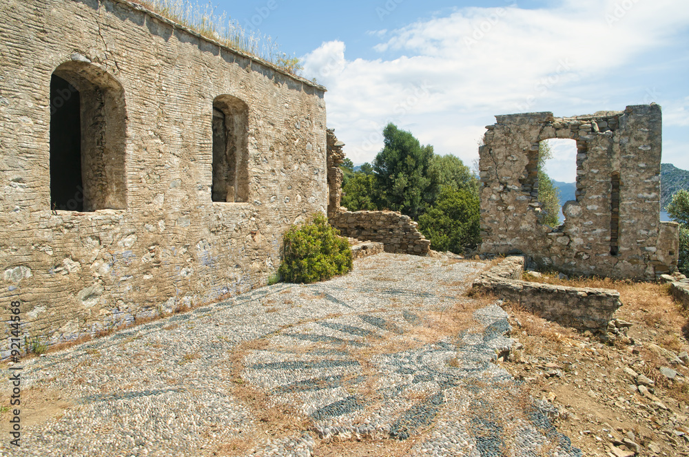 ruins of small church with mosaic floor