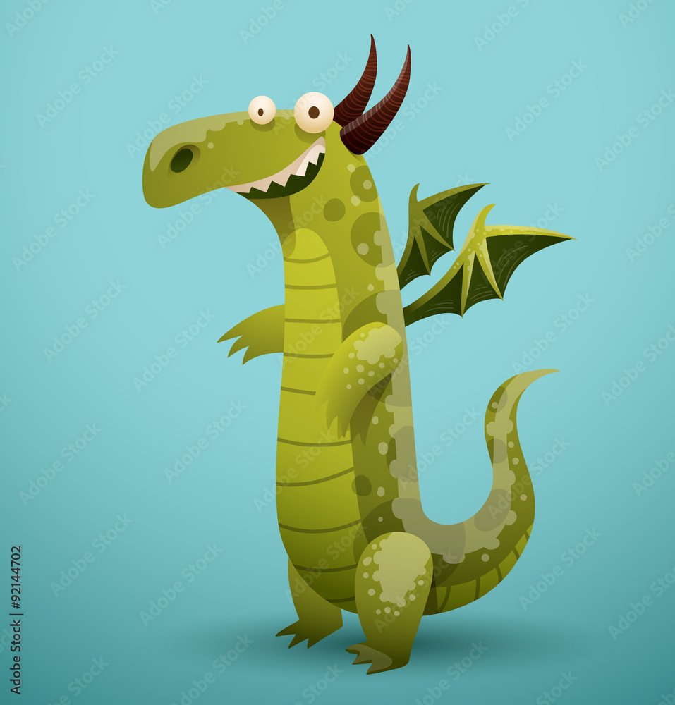 Vector funny dragon light green color. Image of funny cartoon smiling dragon  light green color on a blue background. Stock Vector | Adobe Stock