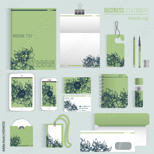 Vector floral sketch  corporate identity set of Stationery Branding. Consist of letterhead, book, pen, pencil, note, phone, business cards, cd, envelope. EPS10