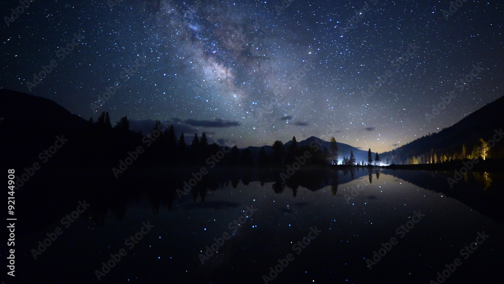 Astrophotography time lapse footage with pan right motion of milky way galaxy spanning over reflective alpine lake in Yosemite National Park, California