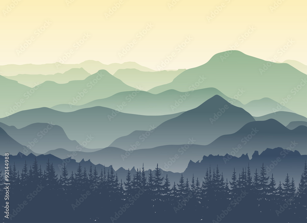 Green mountains landscape in summer. Seamless background.