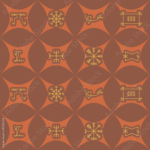 Seamless background with mascots of Scandinavian warriors for your design (ottastafur, odin, end strife, aegishjalmur, lasabrjotur, binding, gapaldur, vegvisir) photo