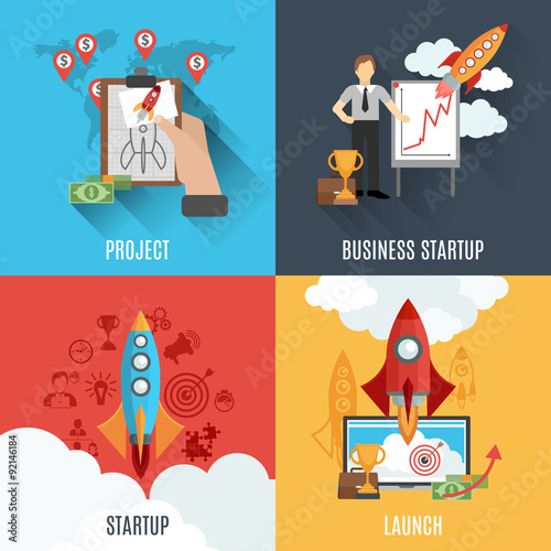 Rocket startup flat square composition poster