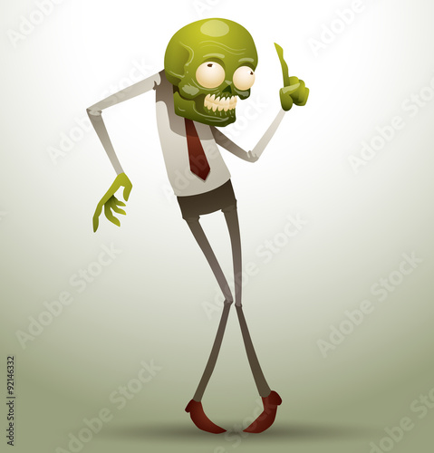 Vector new office zombie with his hand raised. Image zombie green color with his hand raised in a white shirt, gray trousers and brown tie on a gray background.