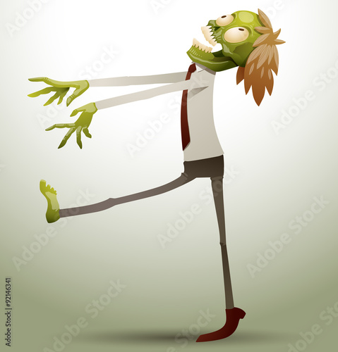 Vector new office zombie walks. Image zombie green color with brown hair in a white shirt, gray trousers and brown tie walks on a gray background.
