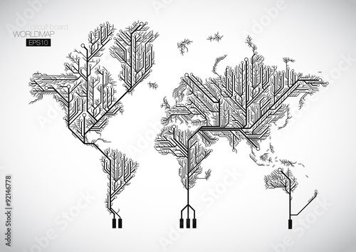 Circuit board world map vector background.
