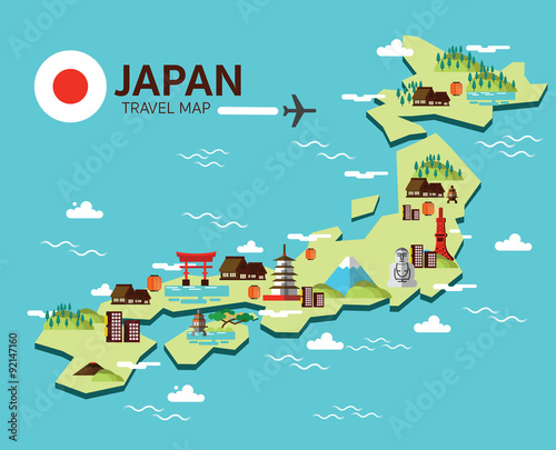 Japan landmark and travel map. Flat design elements and icons. 