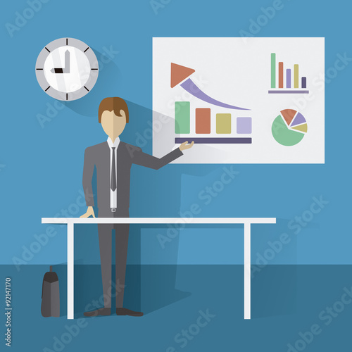 Imagen Vectorial de Hombre de Negocios Haciendo Presentación en Tablero con Graficos y Estadisticas