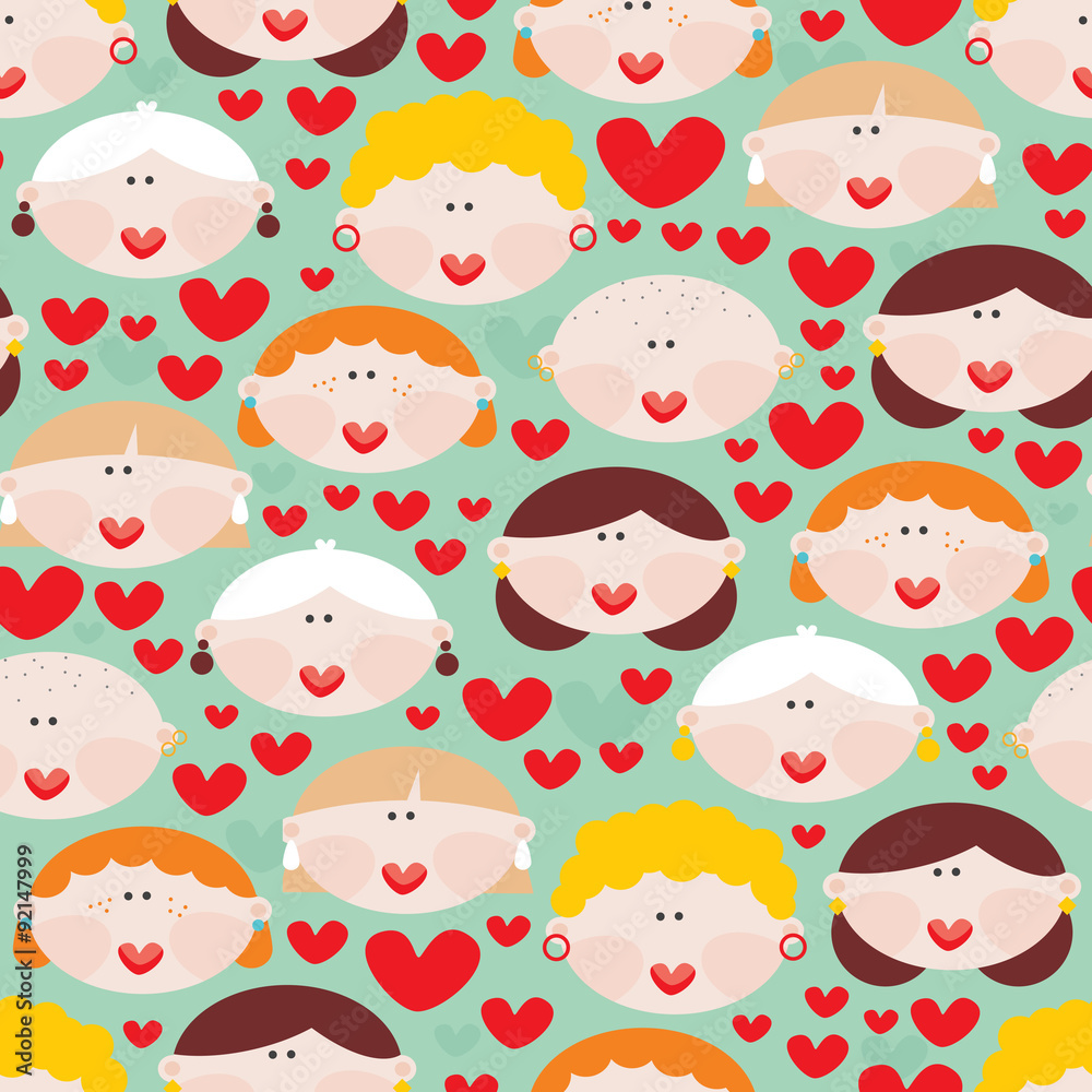 Seamless pattern with female faces and hearts.