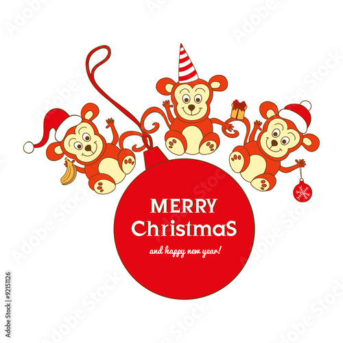 Christmas card with three cute monkeys