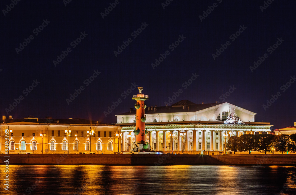 Rostral column and Stock Exchange building. Saint Petersburg. Russia