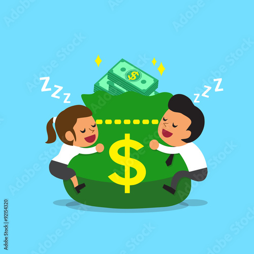 Cartoon business team falling asleep with money bag