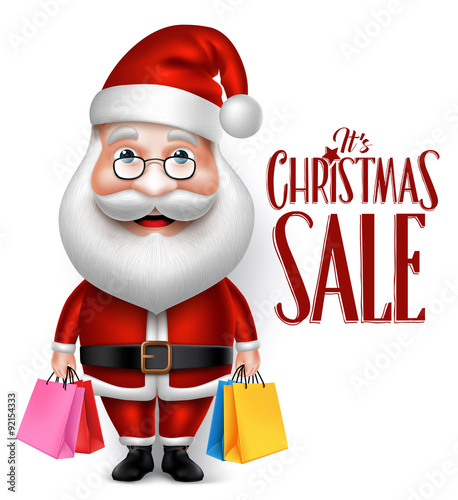 3D Realistic Santa Claus Cartoon Character Holding Shopping Bags Isolated in White Background. Vector Illustration
