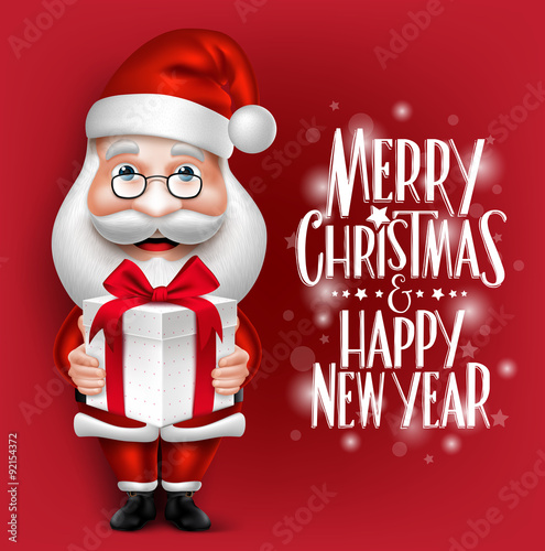 3D Realistic Santa Claus Cartoon Character Holding Christmas Gift in a Red Background with Title. Detailed Vector Illustration

