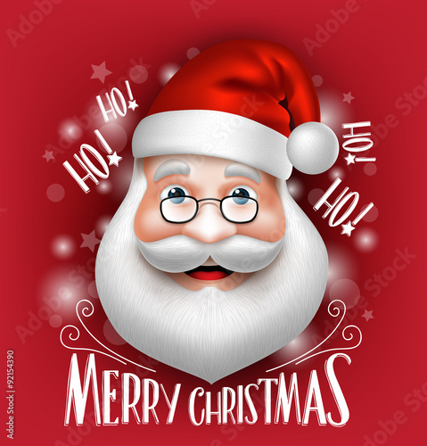 3D Realistic Santa Claus Head Greeting Merry Christmas in a Red Background. Detailed Vector Illustration
