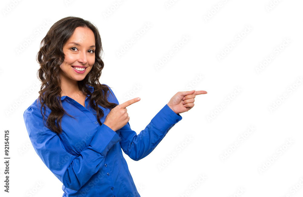 Woman copy space pointing finger. smiling business woman portrai Woman copy space pointing finger. smiling business woman portrai