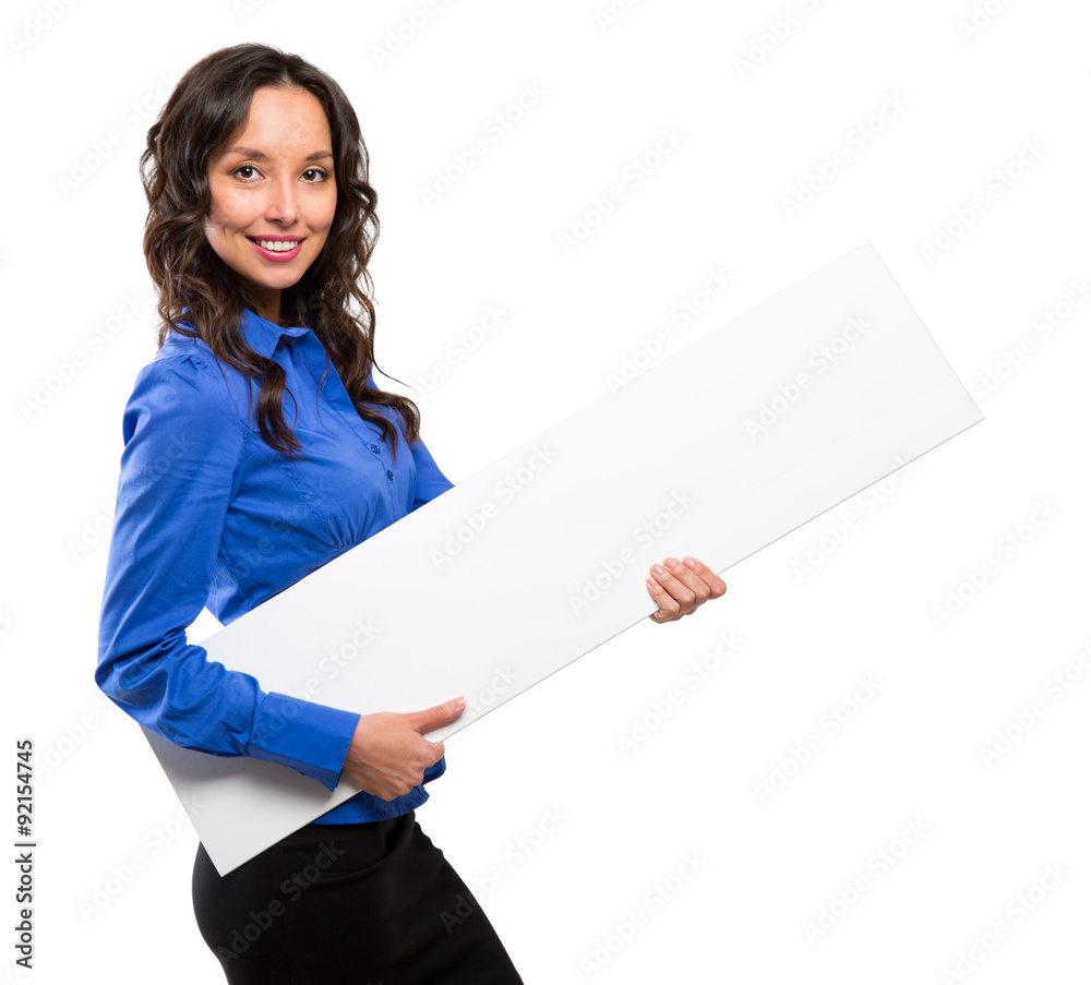 Smiling business woman hold white advertising board. White card. Smiling business woman hold white advertising board. White card.