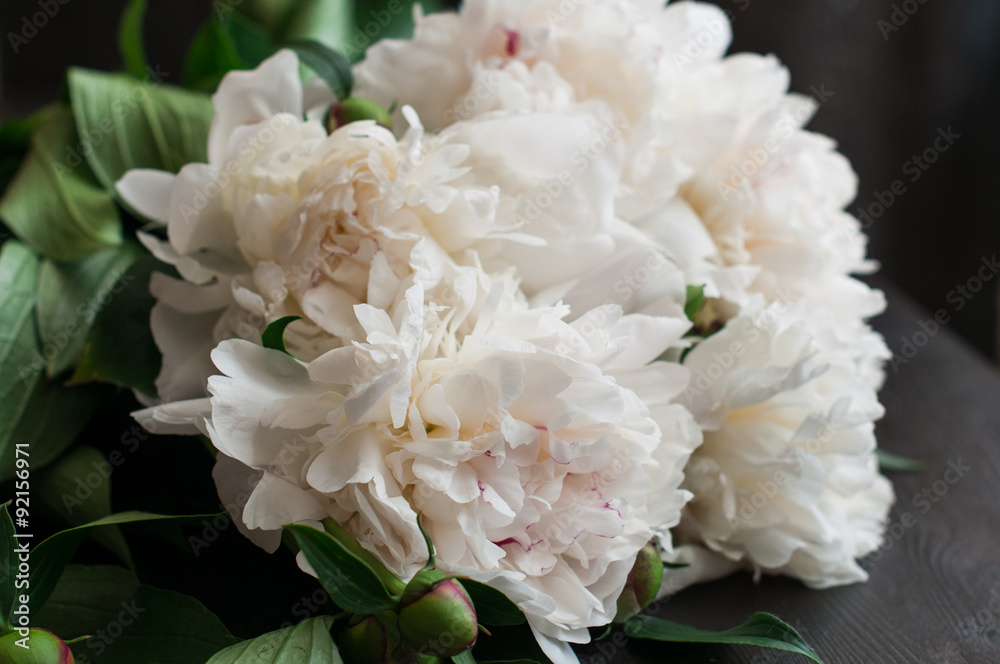 Stunning white peonies on rustic wooden background Stunning white peonies on rustic wooden background