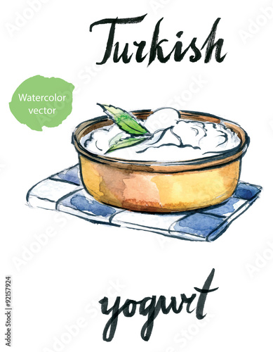 Watercolor delicious homemade yogurt with mint
