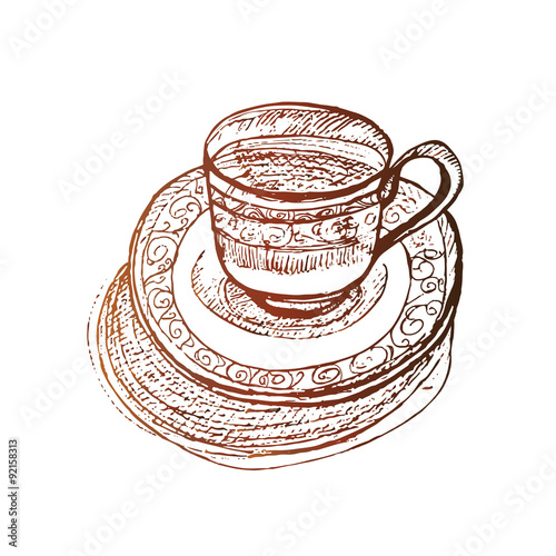 Elegant coffee cup at saucer vector sketch