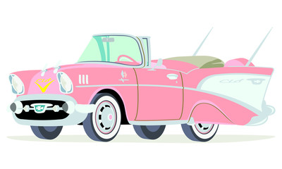 Caricatura Chevrolet BelAir 1957 convertible abierto rosado vista frontal y lateral