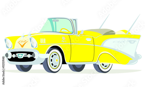 Caricatura Chevrolet BelAir 1957 convertible abierto amarillo vista frontal y lateral