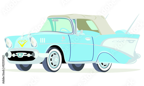 Caricatura Chevrolet BelAir 1957 convertible cerrado azul vista frontal y lateral
