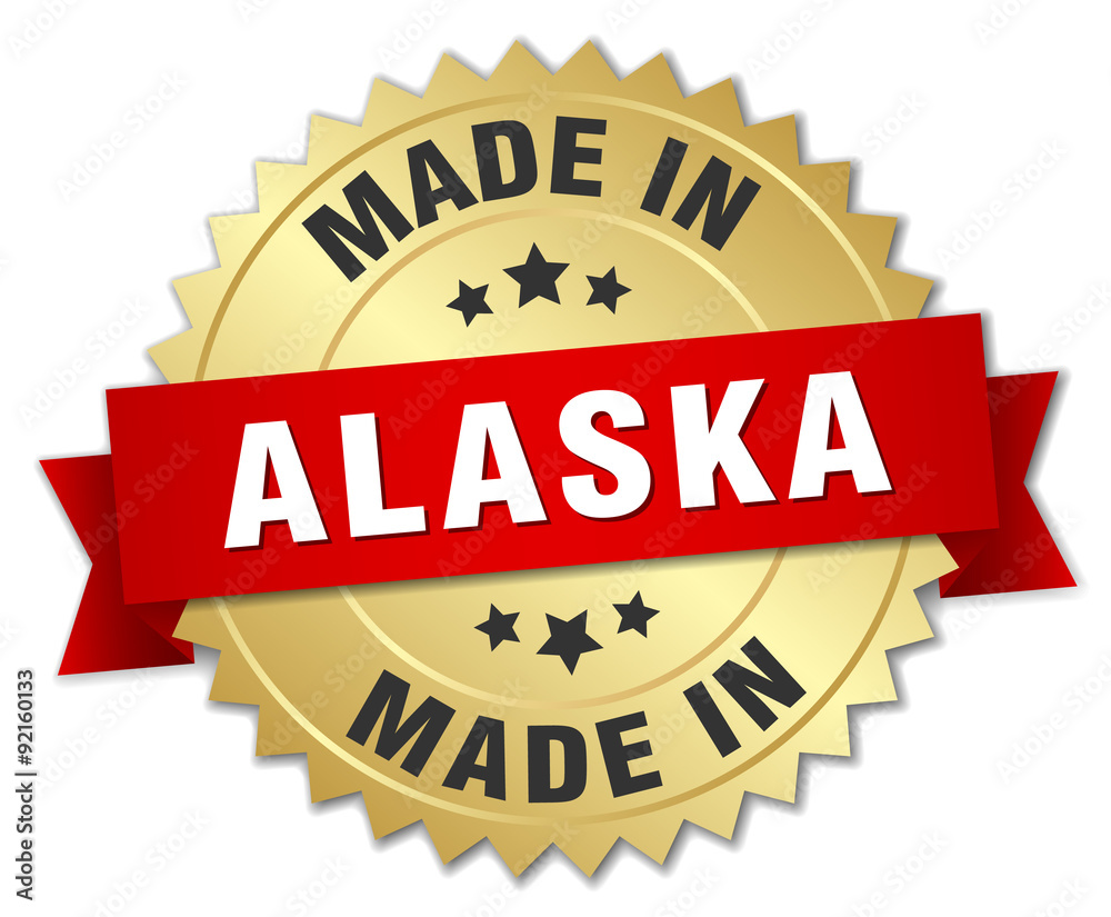 made in Alaska gold badge with red ribbon made in Alaska gold badge with red ribbon