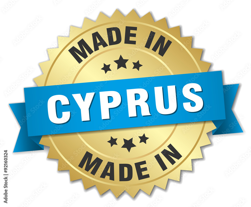 made in Cyprus gold badge with blue ribbon