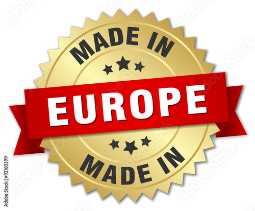 made in europe gold badge with red ribbon