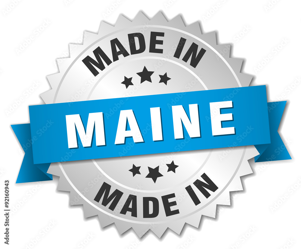 made in Maine silver badge with blue ribbon made in Maine silver badge with blue ribbon