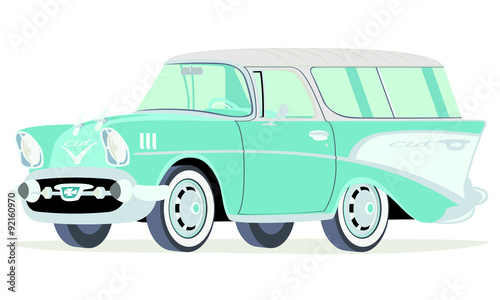 Caricatura Chevrolet BelAir 1957 Nomad aguamarina vista frontal y lateral