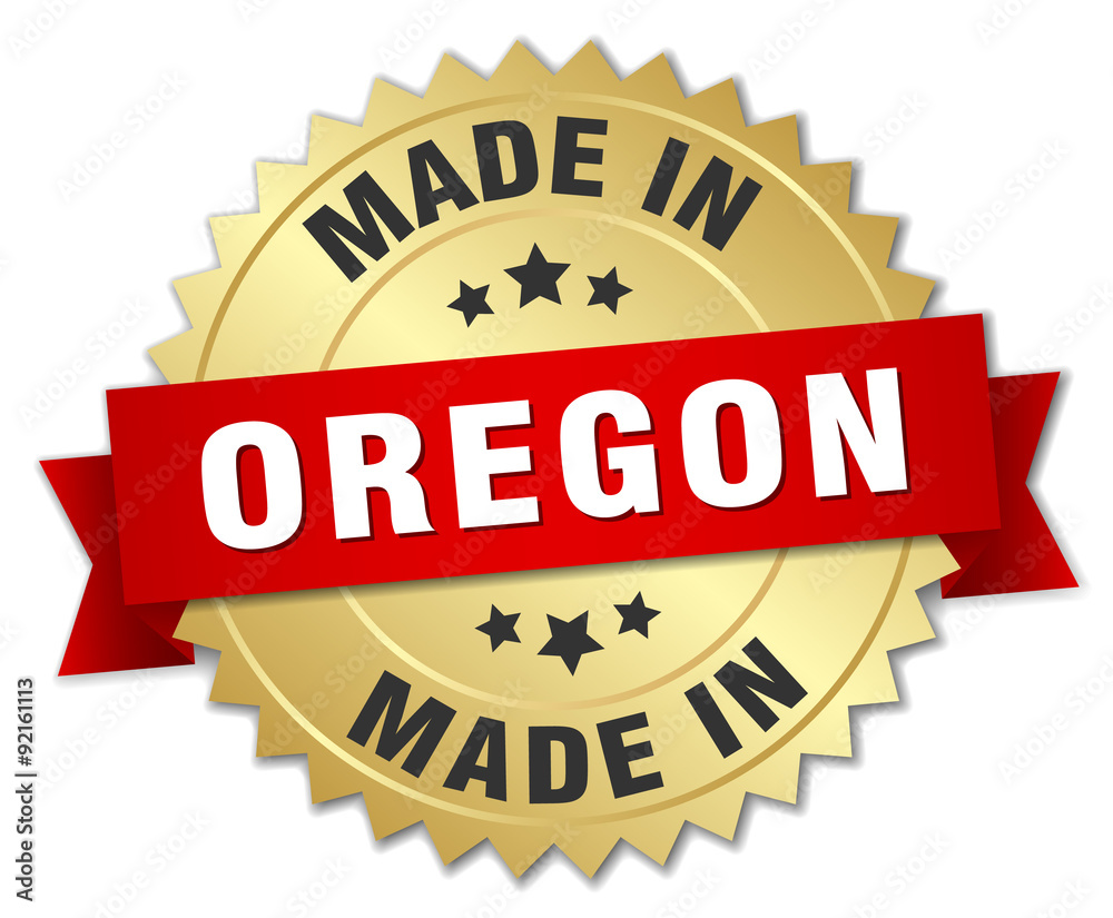 made in Oregon gold badge with red ribbon made in Oregon gold badge with red ribbon