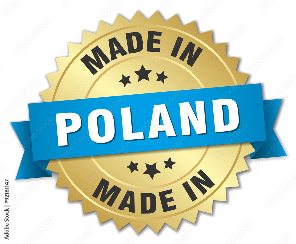 made in Poland gold badge with blue ribbon