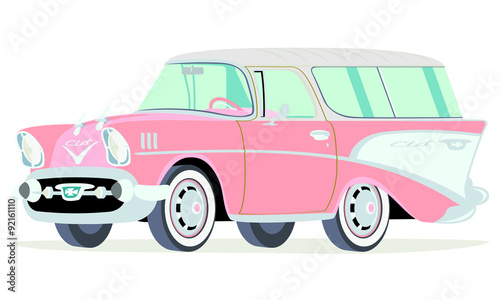 Caricatura Chevrolet BelAir 1957 Nomad rosado vista frontal y lateral