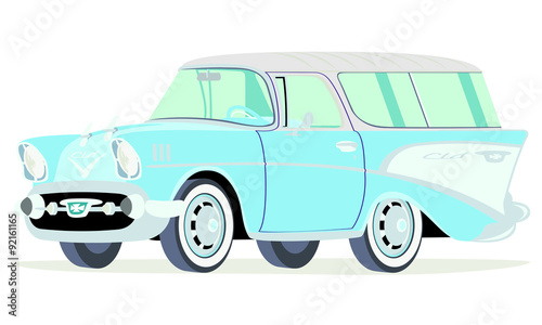 Caricatura Chevrolet BelAir 1957 Nomad azul vista frontal y lateral