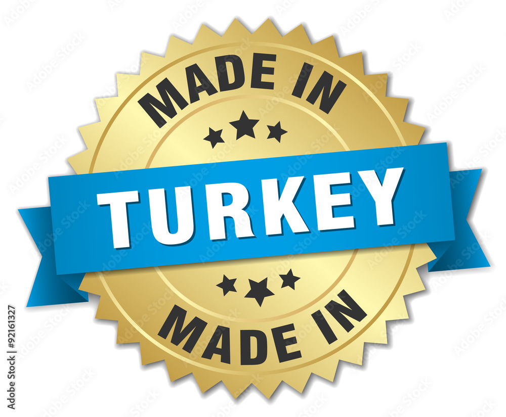 made in Turkey gold badge with blue ribbon