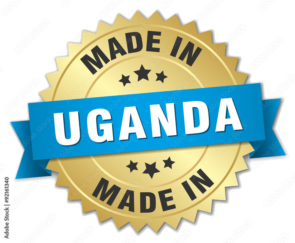 made in Uganda gold badge with blue ribbon