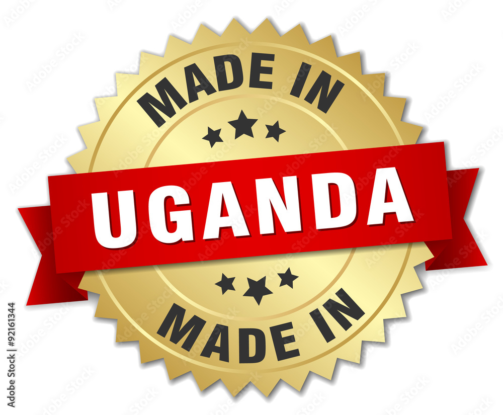 made in Uganda gold badge with red ribbon