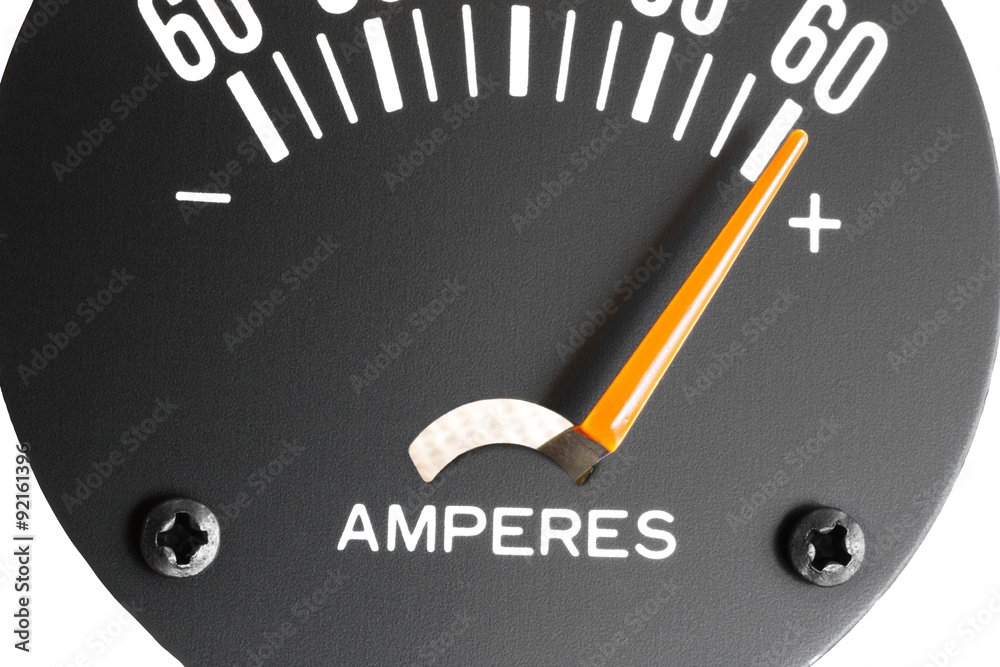 Analog amp meter, ammeter or ampere-meter measures DC direct current in  units called amperes. DC amp meters show a positive charge (+) plus sign  and a negative discharge (-) minus sign Stock