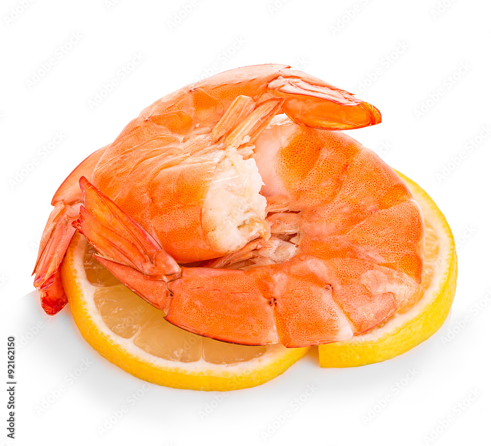 Tiger shrimps with lemon slice . Prawns with lemon slice isolated on a white background. Seafood Tiger shrimps with lemon slice . Prawns with lemon slice isolated on a white background. Seafood