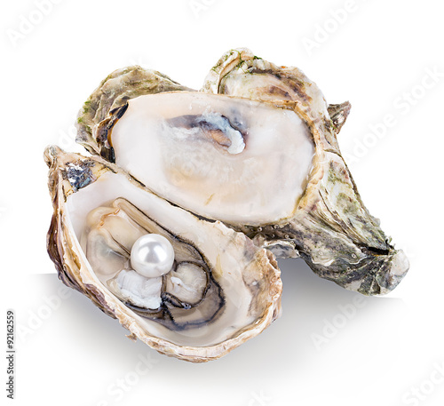 Oyster with pearls isolated on white background